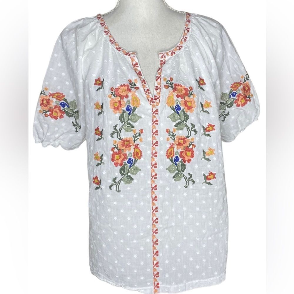 Solitaire Wm’s Sz Med White Embroidered Floral Swiss Dot Cotton Blouse Shirt